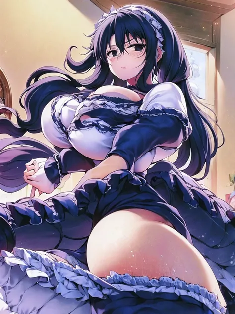 Anime, Kim kwang hyun, 1 girl, Fubuki, pale pure white skin, dead cold black eyes with shadows under them, fubukis long wavy black hair tied in long twin tails decorated by a white ribbon, huge twintails, expressive Brown eyes, busty, militarys uniform, se...