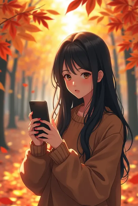 In the midst of deep autumn leaves、A Japanese woman in her 30s live-streaming on her smartphone、Long Black Hair、Anime Style、high resolution