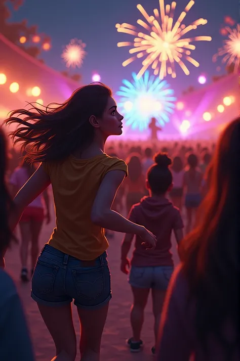 Luna’s Confession (Chapter 5: The Confession): Luna, in a crowded festival, rushing through the audience towards Ethan as he performs his song. Fireworks light up the sky as she confesses her feelings after the song ends.