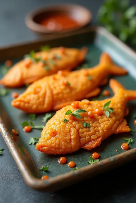 Create an image of sweet fish as a Thai snack that is shaped like a flat fish, a crispy sheet of fried curry paste, arranged on a tray, looking appetizing.
