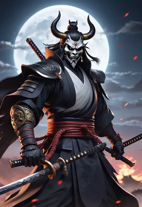 A man with a sword and a mask is holding a stick, Devil Samurai Warrior, Beautiful male grim reaper, Moon Cow Samurai, Handsome men from Demon Slayer, demon samurai, Legendary god with a spear,  Amazing anime 8k, 2. 5d cgi anime fantasy artwork, Anime Epic...