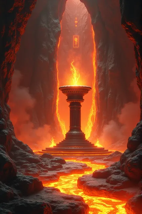 draw me a lava chamber inside a cave that has a pedestal with an amulet on top