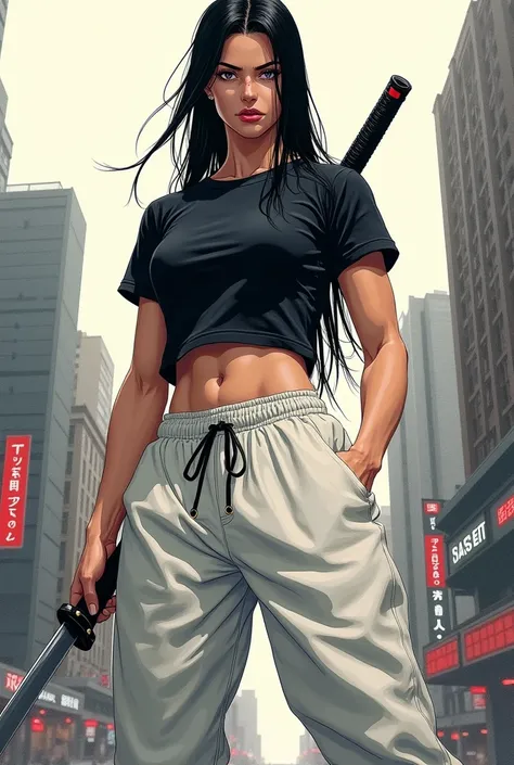 girl with a small scar in the corner of her lips, pumped up and athletic build, in a black tight T-shirt and white oversized sports pants. black long hair. stands with a katana in his hands against the backdrop of Tokyo drawing in the style of manga jujuts...