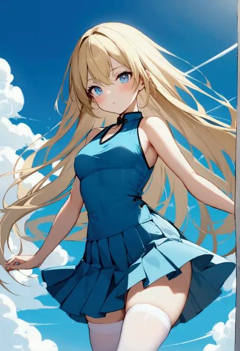 1 girl, long straight blonde hair, blue eyes, wearing a blue sleeveless shirt, Chinese-style collar, sky blue pleated skirt, white stockings