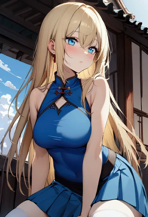 1 girl, long straight blonde hair, blue eyes, wearing a blue sleeveless shirt, Chinese-style collar, sky blue pleated skirt, white stockings