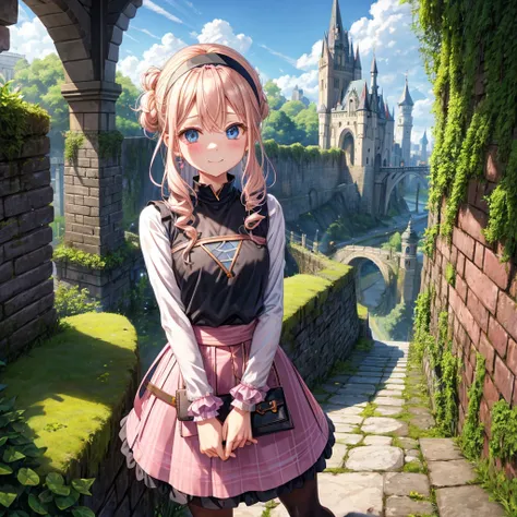 Pink Blonde、blue eyes、Wavy Hair、Hair tied up、Two cute、Checked mini skirt、Black T-shirt、Black knee-high socks、Headband、Teeth are visible、Monster Castle、Tilting face、grass、In front of the city gates、Underground tunnels、Iron suspension bridge、The stone is cra...