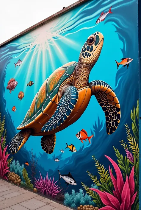 Give me a graffity wall art of ocean with a tortoise and different kind of fish and sea grasses