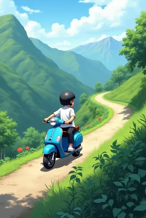 , na montanha verde,in high resolution and blue scooty draving young boy and white shirt and black pant and head to black helmet 
