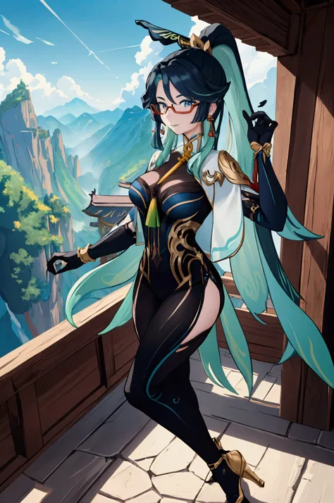 1 woman, solo, looking at viewer, xianyun, very long hair, ponytail, hair ornament, semi-rimless eyewear, earrings, black bodysu...