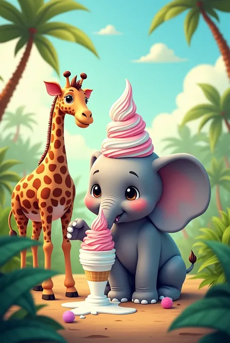 The elephant is licking ice cream and theres a giraffe on it