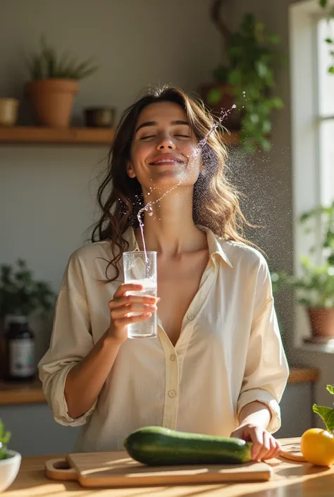 Laction se passe dans une cuisine, il fait tres chaud, les plantes derrieres sont desséchés. Une jolie jeune femme dans une cuisine se jette un verre deau au visage en fermant les yeux et en souriant. Laction se passe au moment de limpact, le visage de la ...