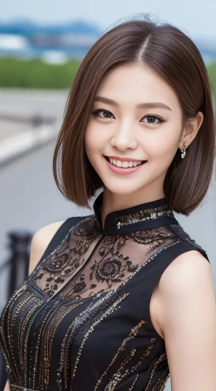 ((Highest quality, 8k, masterpiece :1.3)), One girl, smile, whole body, Slim face, Beautiful woman, (Dark brown hair), Full-length dress :1.1, Highly detailed face, Detailed eyes, double eyelid, Blur the background, Slim face, city, outside, street,素敵なsmil...