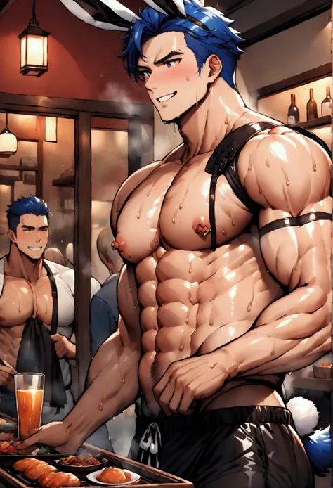 Highest quality、Super detailed、perfect anatomy、super detailed skin、(muscular male:1.3)、(father:0.5)、Bunny ears、Bunny&#39;s Tail、Black shorts、nipple piercing、Attach the shoulder strap、Blue Hair、Short Hair、Sports haircut、short hair、Izakaya、Serves food、Lively...