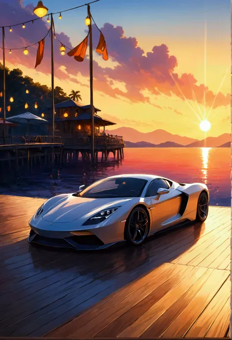 a high-fidelity, award-winning anime art masterpiece, depicting a sleek supercar parked at the end of a wooden pier during a vib...