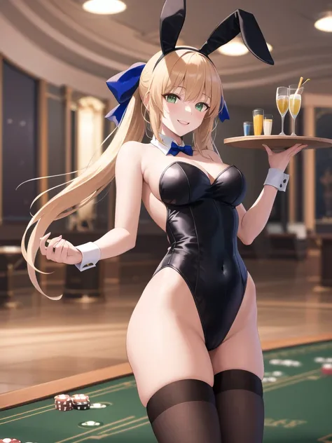 masterpiece, best quality, highres, bbcaster, long hair, twintails, ahoge, hair bow, green eyes, leotard, playboy bunny, casino, standing, cowboy shot, holding tray, smile