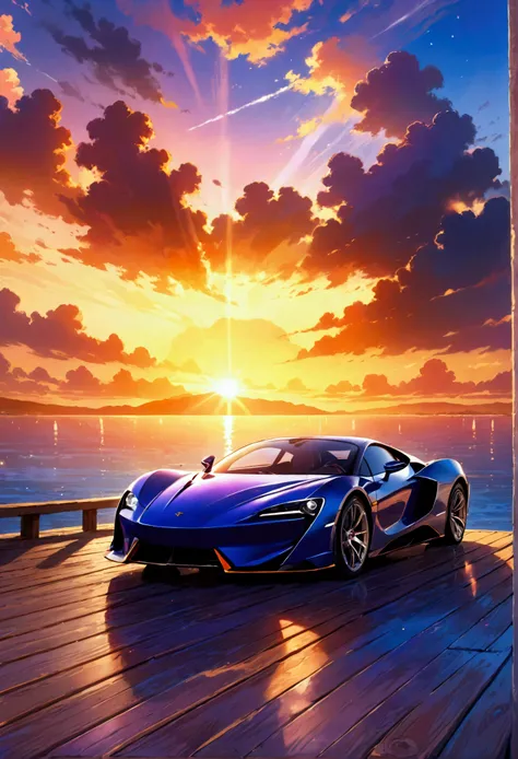 A high-fidelity, award-winning anime art masterpiece, depicting a sleek supercar parked at the end of a wooden pier during a vibrant summer sunset. The setting sun casts a warm, golden glow across the scene, reflecting off the polished surface of the car a...