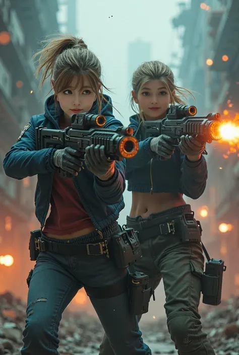 2 Girl in battle field holding gun ultra realistic, 4k,   cyberpunk, 