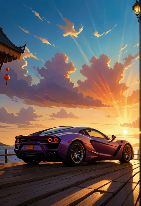 a high-fidelity, award-winning anime art masterpiece, depicting a sleek supercar parked at the end of a wooden pier during a vib...