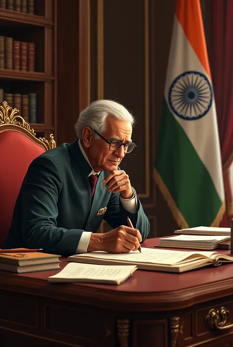 Dr. Radhakrishnan in his formal presidential attire, seated in a grand room in Rashtrapati Bhavan. He is writing at his desk, with books, papers, and the Indian national flag visible in the background, reflecting his dual role as an educator and president....