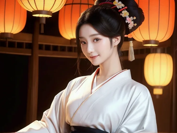 smile、Brightly colored kimonos、Ponytail hairstyle、Realistic photos, Beautiful Eyes, Flowing black hair, Elegant kimono, Calm expression, Soft lighting, Traditional Japanese art style, Vibrant colors, Peaceful atmosphere, Delicate features, Graceful posture...