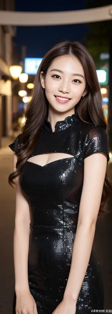 ((Highest quality, 8k, masterpiece :1.3)), One girl, smile, whole body, Slim face, Beautiful woman, (Dark brown hair), A full-length sexy dress in black and white :1.1, Highly detailed face, Detailed eyes, double eyelid, Blur the background, Slim face, cit...