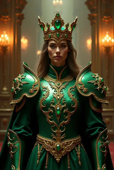 Regal and imposing figure adorned in ornate emerald-green armor with intricate gold detailing, complemented by a majestic crown encrusted with emeralds. The atmosphere is formal and opulent, enhanced by rich indoor lighting, giving a sense of power and gra...