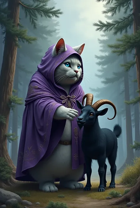 Dark gray big fat British short-hair humanoid female cat wear purple gypsy hoodie long cloak starry blue eyes and pet Black long horn goat in pine forest 