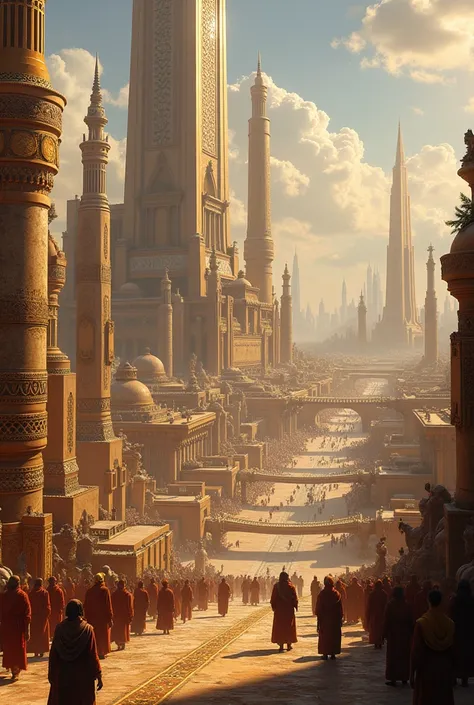 Depict the mighty city of the Aad people, showcasing their grand architecture, wealth, and strength before Prophet Hud began his message.
People are tall