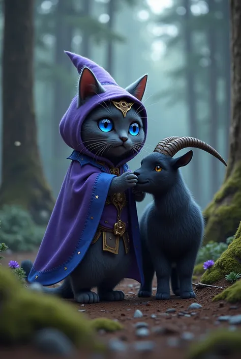 Dark gray fat British short-hair humanoid female cat wear purple gypsy hoodie long cloak starry blue eyes and pet Black long horn goat in pine forest 