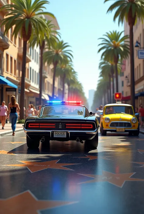 super photorealistic  image  scene for movie , this days, no retro, - A  modern police car follows a yellow mini coupe along the Hollywood Walk of Fame on a hot sunny day,