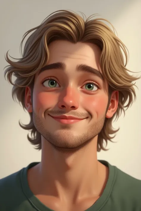 a boy. 23 yr old boy. he has dimples on both side. green eyes. light beard. he is david corenswet, round face, dimples, long wavy hair. realistic, not cartoon