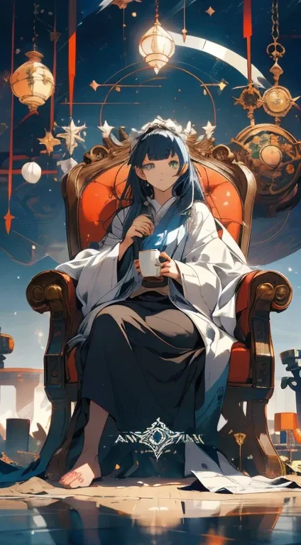 Anime girl sitting on chair with coffee cup in hand, alchemist girl, light novel cover art, offcial art, epic light novel art cover, offcial artwork, epic light novel cover art, change, off-world, small curve change, Kushat Garland, Kushat Kulenz Critical ...