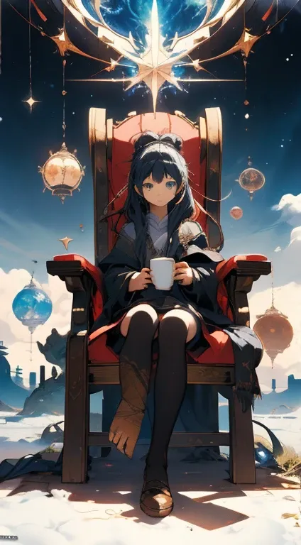 Anime girl sitting on chair with coffee cup in hand, alchemist girl, light novel cover art, offcial art, epic light novel art cover, offcial artwork, epic light novel cover art, change, off-world, small curve change, Kushat Garland, Kushat Kulenz Critical ...