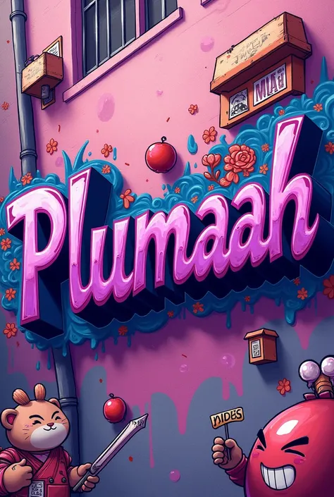 can you create the name plumaah in purple graffiti with cute japon background 