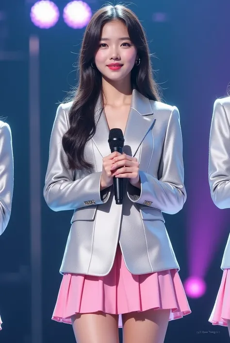 Announcement debut member of "SHINE". Rank 7. Her name is Im So-Eun. Shes main vocalist. She wear  school uniform silver suit with pink short skirt.  Shes crying in happiness while hold mic in speech. 