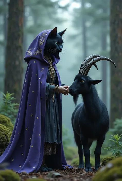 Dark gray big British short-hair humanoid female cat wear purple gypsy hoodie long cloak starry blue eyes and pet Black long horn goat in pine forest 