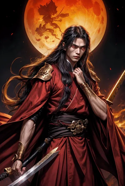 The action takes place in the world of Jianhu, White long hair young male asian face handsome ninja in scarlet robe, embroidered with black thread
, golden eyes burn brightly in the night , wild hair , full height  , Scarlet butterflies ,loose hair , jade ...