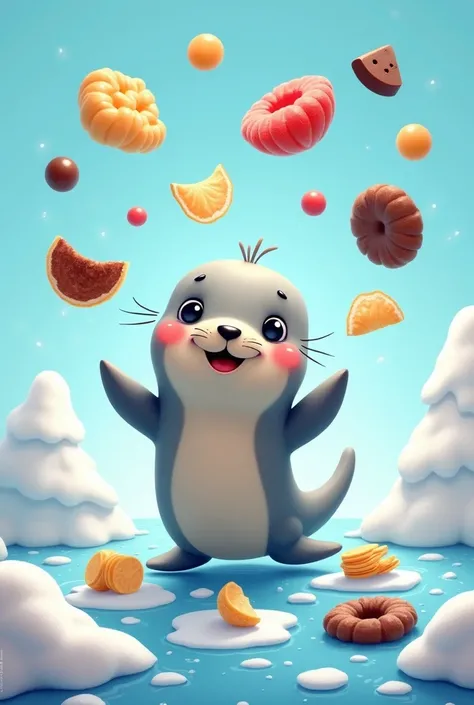 Hi, can you make a cute seal by juggling chips?,Chocolate and sweets on frozen waves and embedded sweets