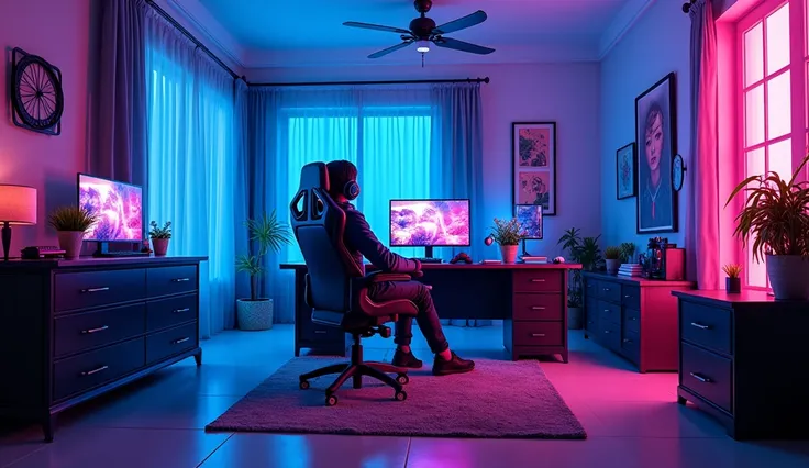 A vibrant cyberpunk gaming bedroom, Gaming chair on the left and PC on the gaming table, Decorated with mesmerizing blue-purple neon lights , Creates a futuristic atmosphere
