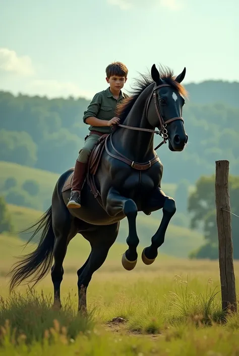  a boy sitting on black horse and jumping the horse from long distance with high quality 