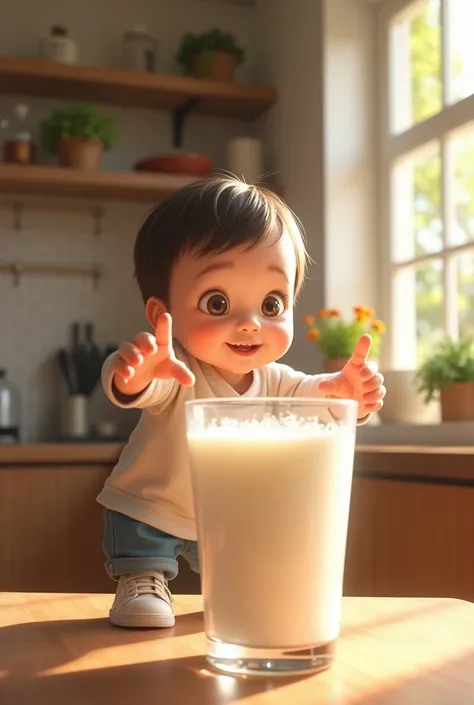 I want you to make me a child wanting to drink milk from the PIL brand