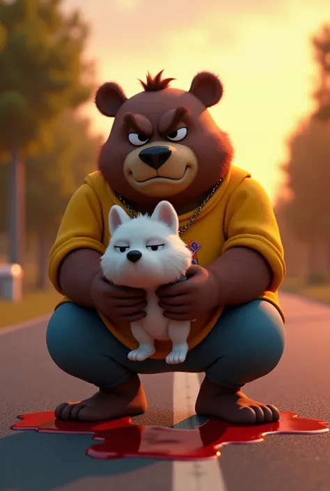 
A cinematic 3d style,,Charector;A cartoon bear bholu character, with a large round face large eyes, expression angry,The bear is dressed in a yellow shirt, and blue pants
Charector 2; white small dog Pappy,expression dead eyes close.
Action;
Bholu is hold...