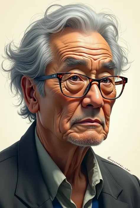 A 70-year-old Japanese man who used to be handsome but has grown older, wearing glasses and with gray hair.