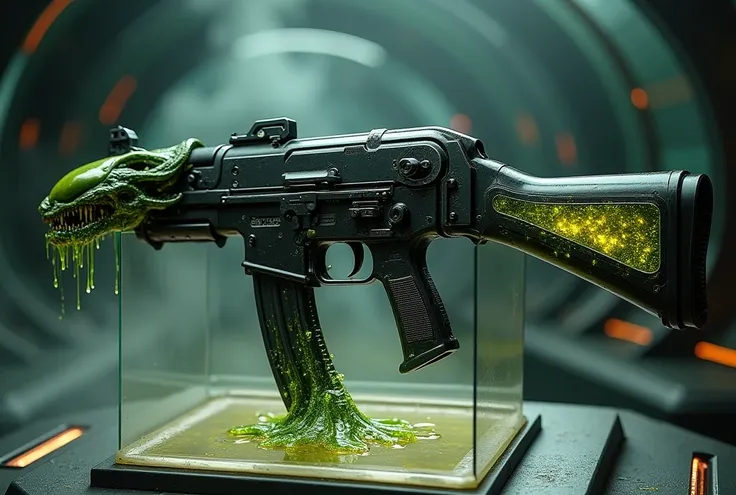 (((SCI-FI RETROFUTURISTIC))) an alien firearm, modeled as a AK-47 CS:GO alien, made of black onyx and organic parts composed of capillaries and veins containing yellow-glitter fluorescent liquid. In place of the barrel is a xenomorph alien head with an ope...