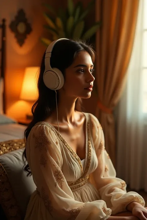 Generate a Beautiful girl Sitting in a room using headphone and listening music in warm lights. English culture dress up and face type indian.