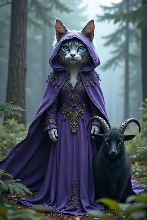 Dark gray big fat British short-hair humanoid female cat tabaxi wear purple gypsy hoodie long cloak and purple long dress starry blue eyes and pet Black long horn long fur fat goat in pine forest 