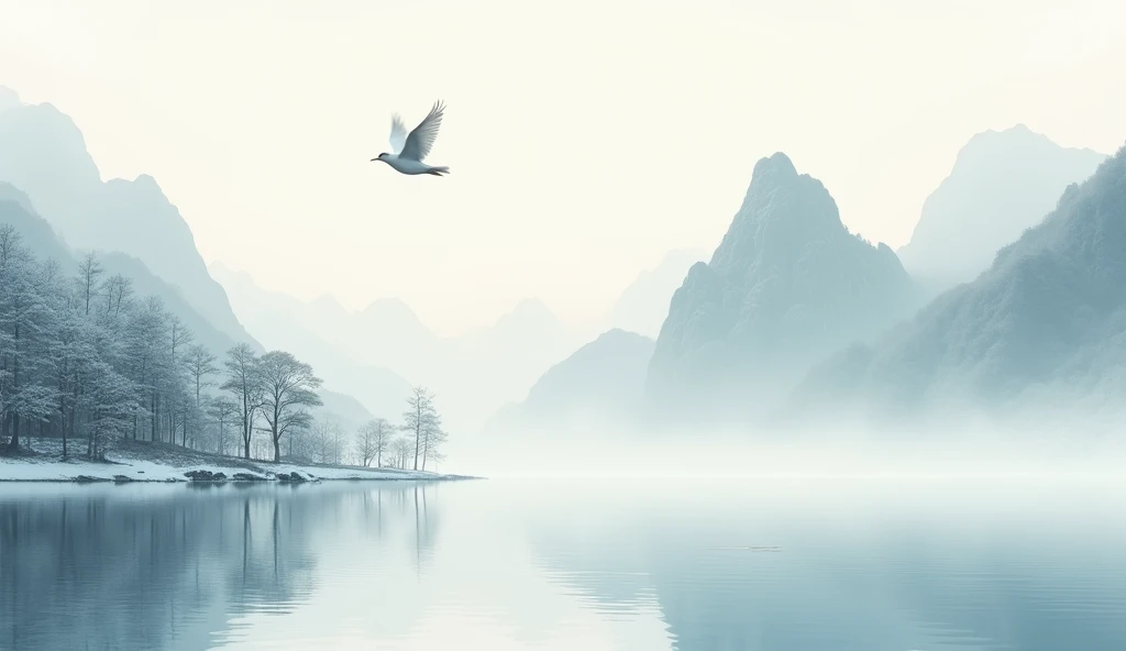 ((masterpiece)),((best quality)),((High sharpness)),((Practical,)) Chinese scenery ,Close-up view,mist ,Thick fog,Lake and waves,Tree,Snow Mountain,reflection,Minimalism,Zen Aesthetics,Zen composition,Chinese scenery painting,4K((masterpiece)),((best quali...