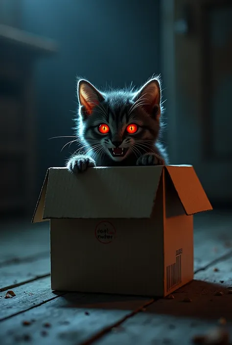 The evil  kitten with red eyes goes and close the big brown cardboard box  with evil laugh on the way in night