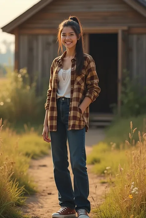  A young woman with a warm smile and long dark hair was tied back in a ponytail. She wears a plaid shirt in shades of brown and beige, paired with dark blue jeans, wearing sneakers. Her clothes are casual and comfortable, and she looks relaxed and confiden...