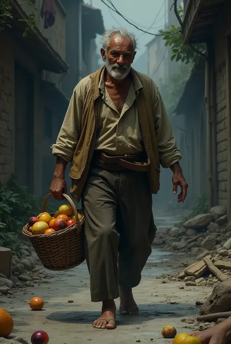 a poor man walking home with basket full of rotten fruits